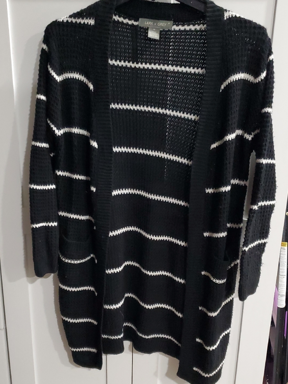 Black and White Striped Open-Front Cardigan